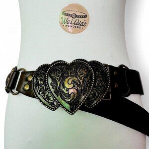 Brown faux leather belt with gold heart buckle